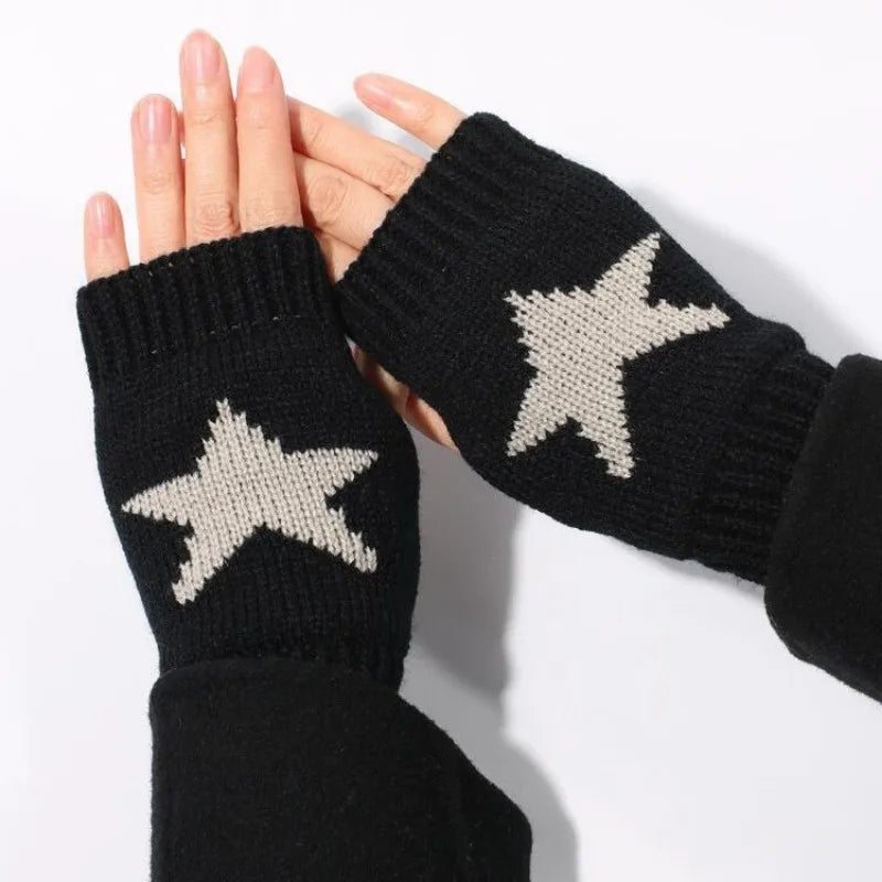 Punk Y2K Star Knitted Woolen Gloves Fashion Men Women Pentagram Half Finger Warm Soft Mitten Five Pointed Star Fingerless Gloves