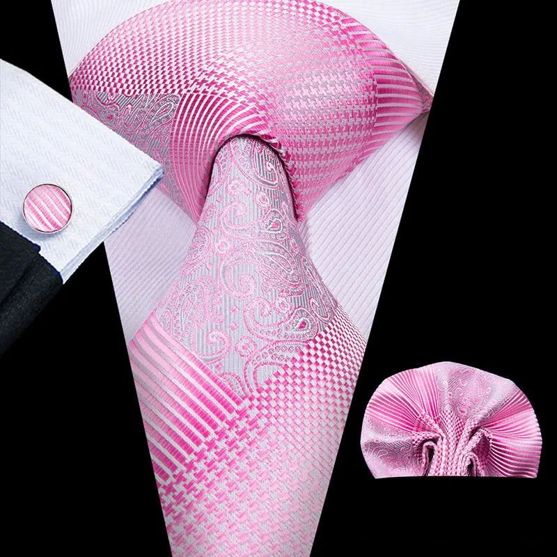 Hi-Tie 100% Silk Classic Men's Wedding Coral Pink Red Peach Tie Pocket Square Cufflinks Set Rose Ties for Men Solid Paisley Ties