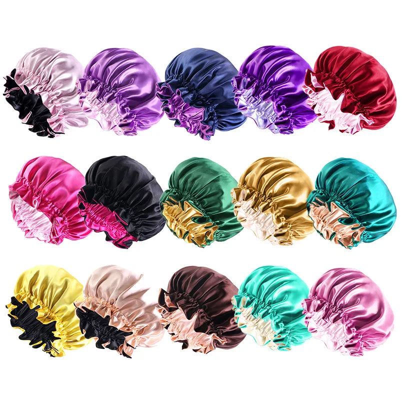 New Solid Elastic Double Layer Satin Bonnet Nightcap Women Night Sleep Hair Protection Hat Reversible Sleeping Hat Hair Care New