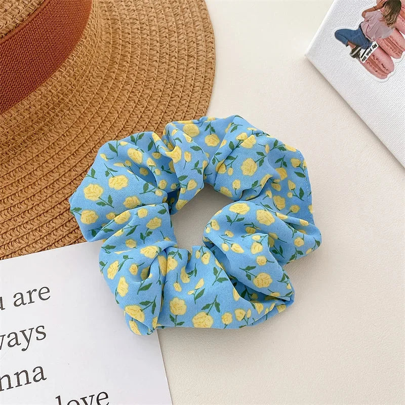 2 Pcs Korean Hair Accessories Women Small Fresh Fabric Flower Printing Elastics Hair Band Scrunchies Hair Tie Girl Ponytail Hold