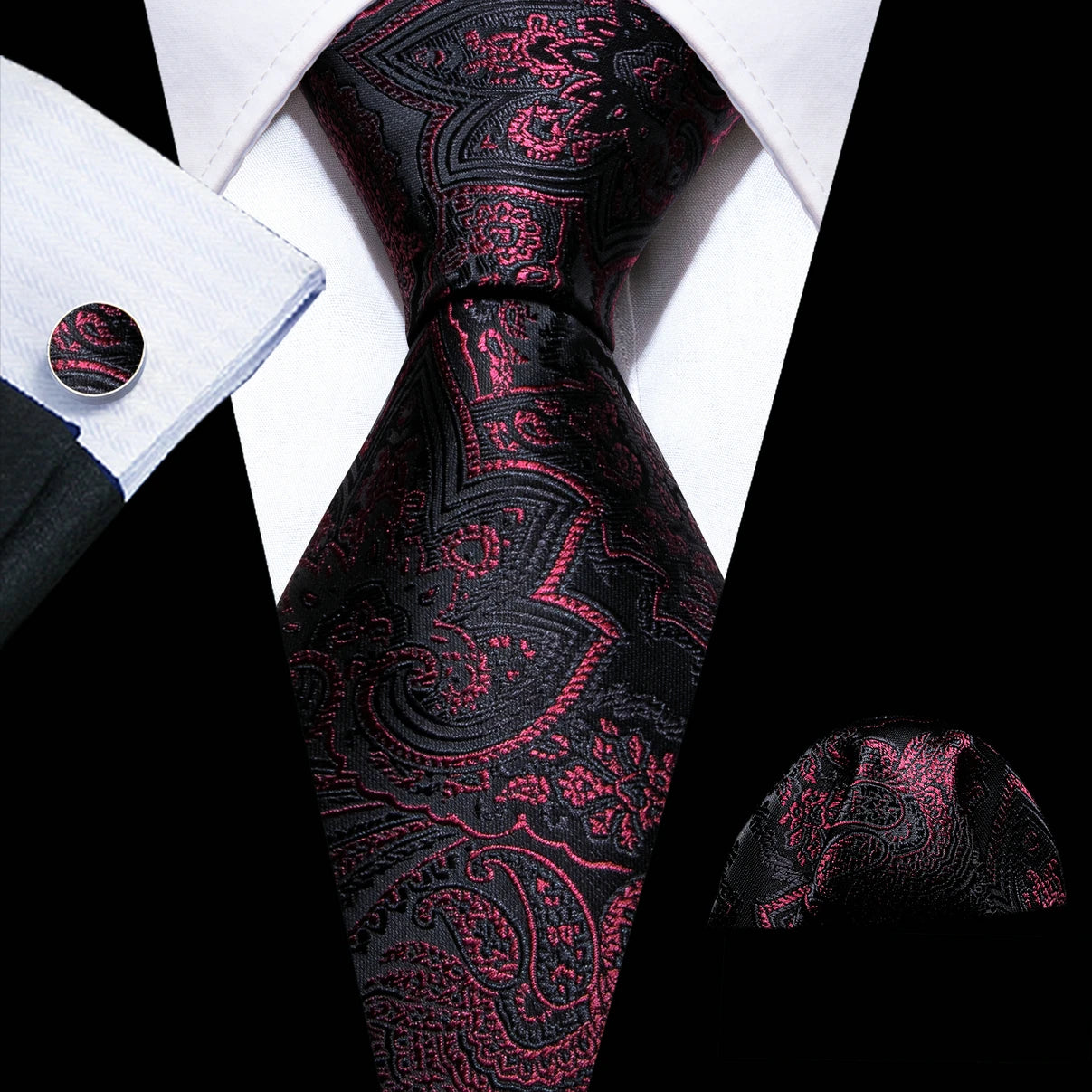 Red Silk Wedding Necktie Jacquard Woven Striped Ties For Men Tie Handkerchief Cufflink Set Barry.Wang Fashion Designer FA-5028