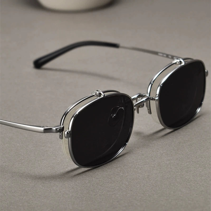 Vintage Titanium Square Glasses Frame with Flip Up Sunglasses Women Brand Designer Eyeglasses Men Trendy Semi Rimless Eyewear