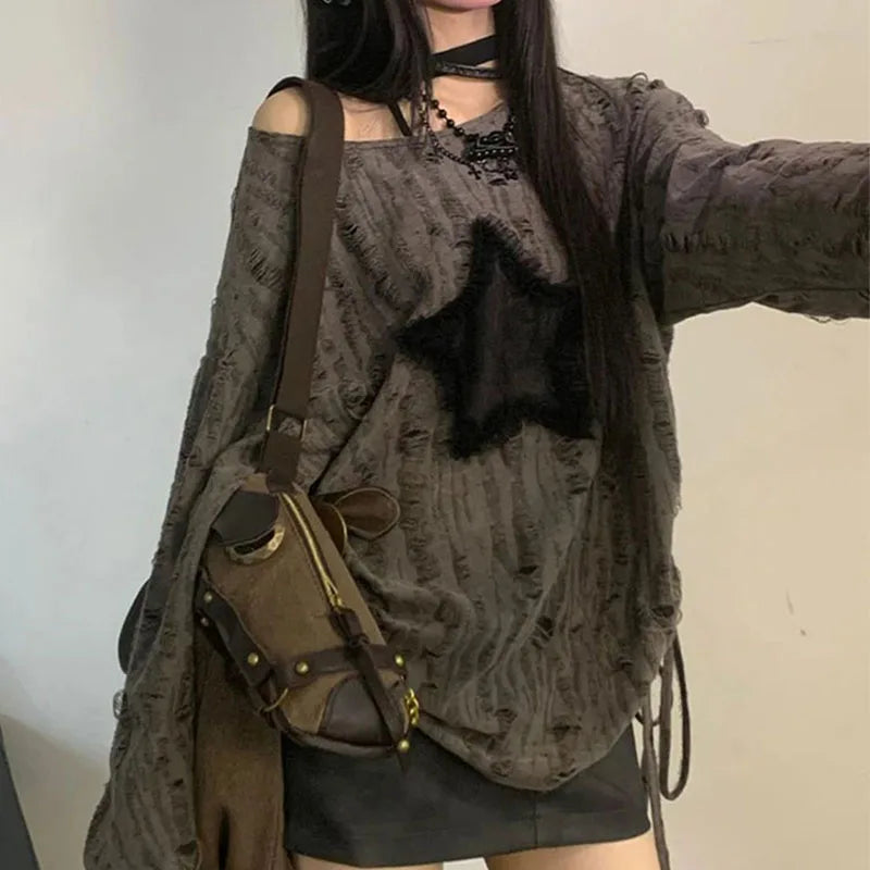 Y2K Hole Star Print T-Shirt Women Fashion Streetwear Off Shoulder Tops Summer Oversized Kpop Long Sleeve Loose Tees Ladies New