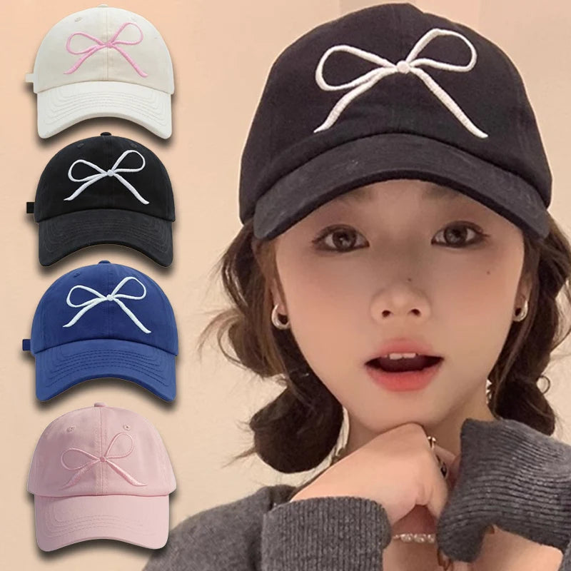 New Korean Bow Baseball Cap Women Y2K Pink Bows Embroidered Snapback Hat Summer Adjustable Soft Top Peaked Fashion Caps Gorras