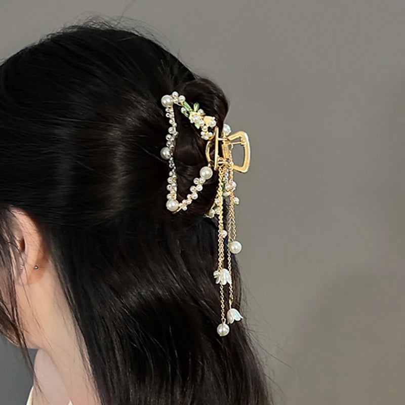 Imitation Pearl Flower Decor Charm Hair Claws For Women Girls Large Size Bell Orchid Hair Clamps Claw Clip Hair Accessories