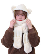 1Pc Cute Bear Ear Hat Scarf Gloves 3-in-1 Winter Warm Hedging Cap Women Windproof Plush Hat Scarf