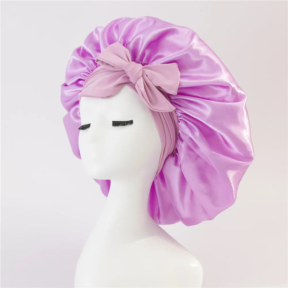 New Satin Sleeping Cap For Women Solid Wide Band Stretch Head Tie Silky Bonnet Edge Wrap Nightcap Hair Care Shower Head Cover