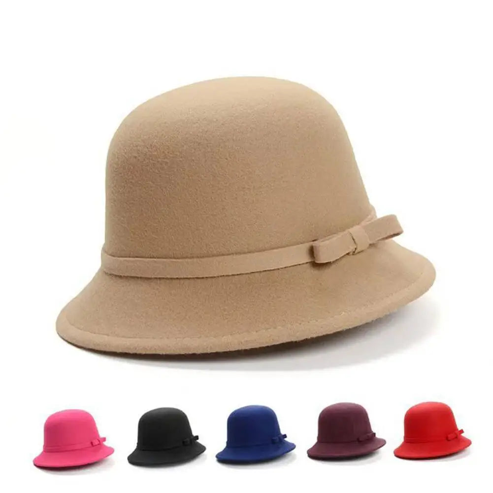 Bowler Hat Bow Warm Autumn Winter Wool Boater Flat Top Hat For Women's Felt Wide Brim Fedora Hat Jazz Cap Elegant Dome Hat