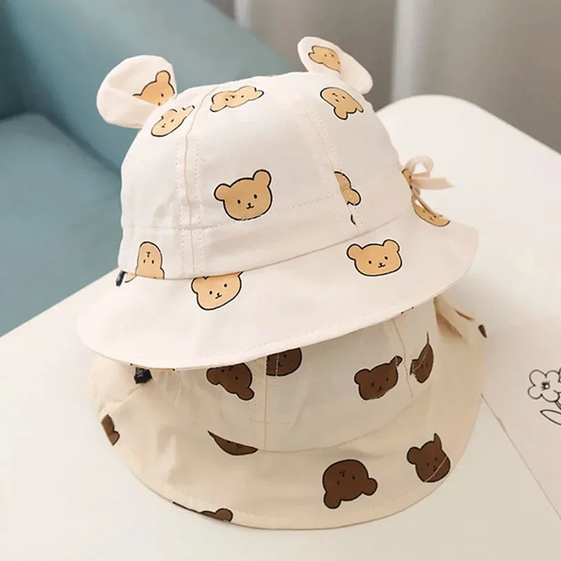 Korea Cotton Baby Bucket Hat with Ears Boys Girls Cute Cartoon Bear Breathable Sun Fisherman's Hat Kids Outdoor Child Panama Cap