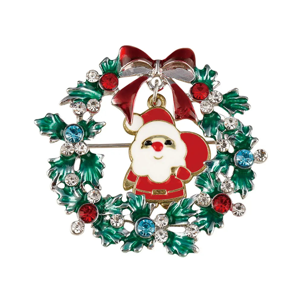 Christmas Wreath Collection Enamel Crystal Brooches With Candy Canes Bells Santa Claus Reindeer Snowman Snowflake Tree Drop