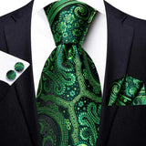 Hi-Tie Dark Green Psialey Silk Elegant Tie For Men Groom Wedding Men Necktie Pocket Square Cufflink Accessory Wholesale Designer