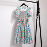 Summer Pleated Women Chiffon Dresses Casual Beach Holiday Short Sleeve Square Collar Woman Midi Dress Bohemian Mujer Vestidos