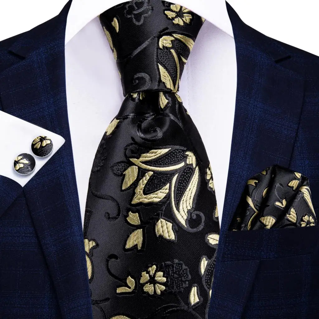 Hi-Tie Black Floral Silk Wedding Tie For Men Handky Cufflink Gift Necktie For Men Fashion Design Business Party Dropshiping