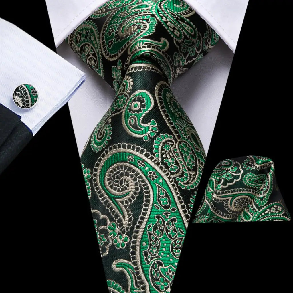 Hi-Tie Dark Green Psialey Silk Elegant Tie For Men Groom Wedding Men Necktie Pocket Square Cufflink Accessory Wholesale Designer