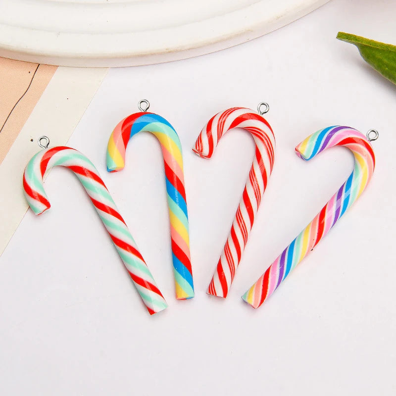 10Pcs  Simulation Polymer Clay Christmas Cane Rainbow Candy Charms Christmas Pendants for Earrings Keychains DIY Jewelry Making