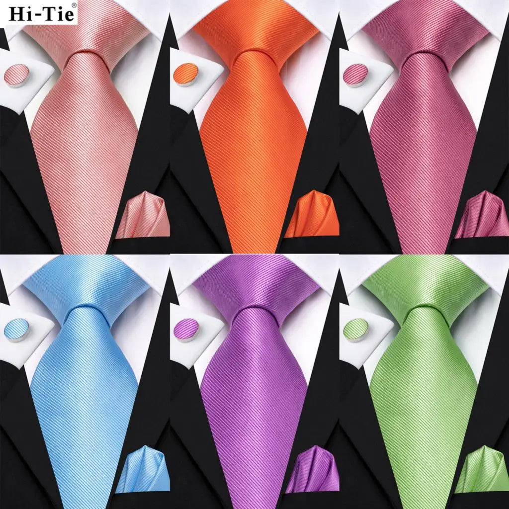 Hi-Tie Solid Orange Blue Mens Fashion Necktie Handkerchief Cufflinks for Tuxedo Accessory Classic Silk Luxury Tie for Man Gift