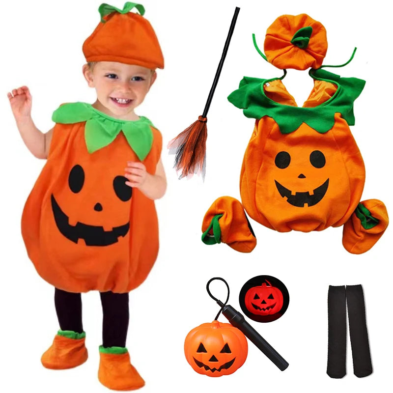 Kids Halloween Party Costume Romper with Hat Shoes Toddler Pumpkin One-Piece Boy Girl Baby Jumpsuit Cosplay Clothing Set 1-10T