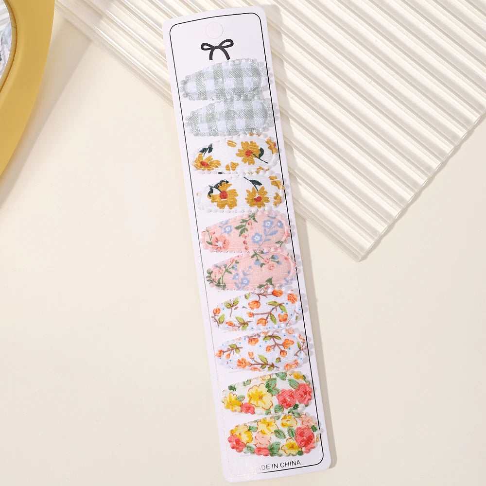10Pcs/set 2.2'' Printed Embroidery Waterdrop Shape Hair Clips For Cute Girls BB Hairpin Barrettes Headwear Kids Hair Accessories