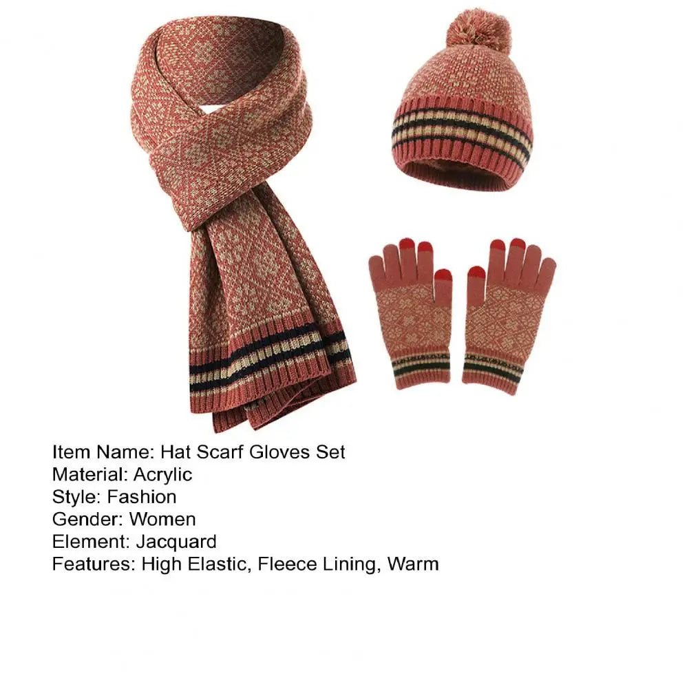 Women Winter Beanie Hat Long Scarf Touchscreen Gloves Set with Fleece Lined Jacquard Warm Knitted Hat with Plush Ball