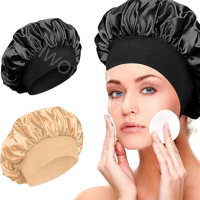 New Women's Satin Solid Wide-brimmed Sleeping Hat Unisex Head Wrap Elastic Band Cap Hair Care Bonnet Night Hat bonnet de nuit