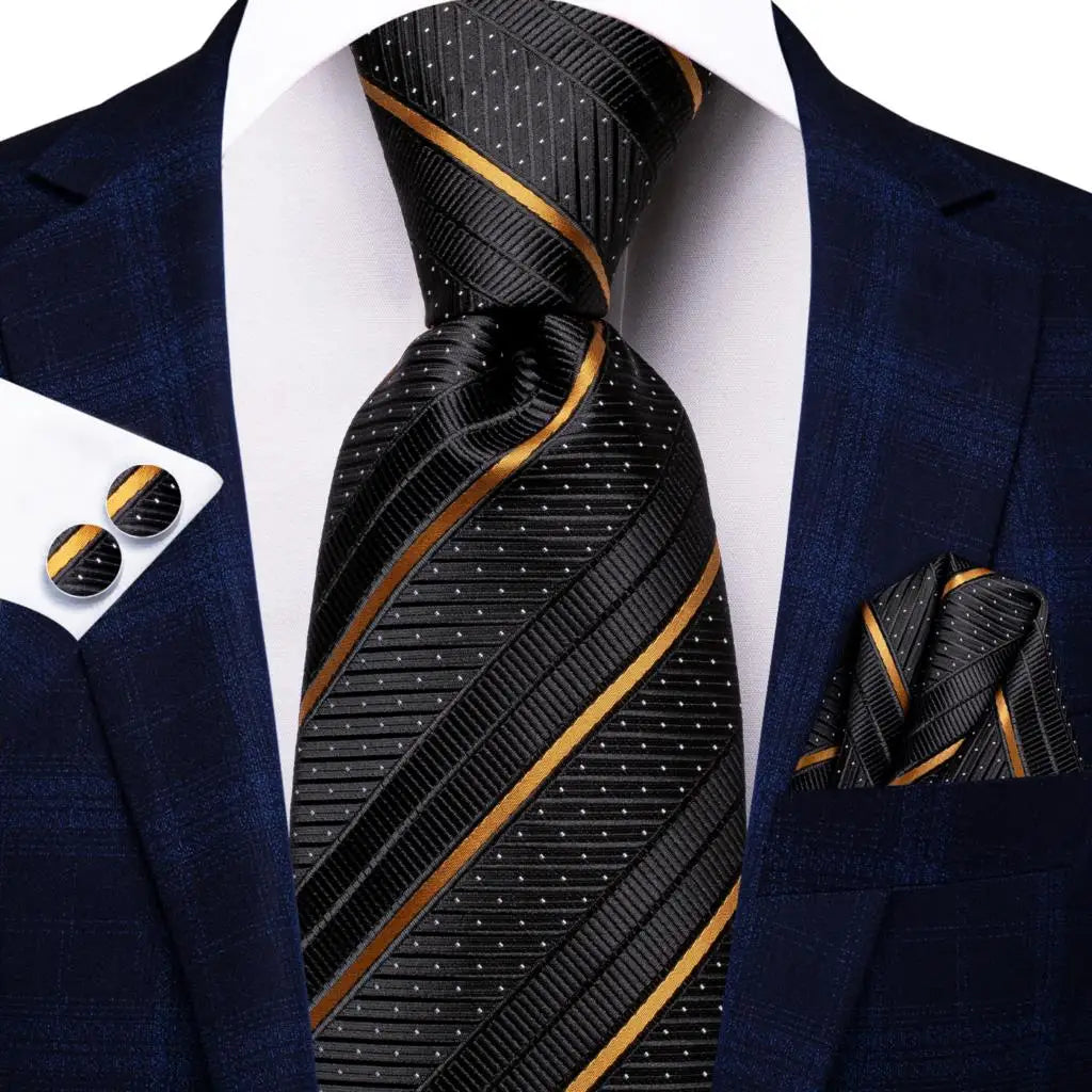 Hi-Tie Elegant Mens Necktie Black Gold Striped Paisley Silk Wedding Nicktie For Men Hanky Cufflinks Business Party Dropshipping