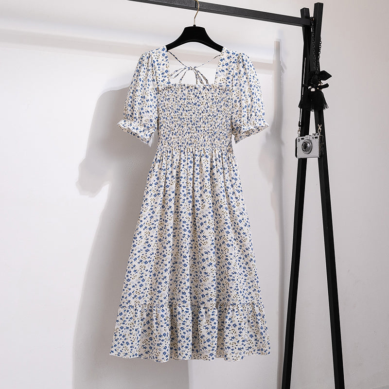 Summer Pleated Women Chiffon Dresses Casual Beach Holiday Short Sleeve Square Collar Woman Midi Dress Bohemian Mujer Vestidos