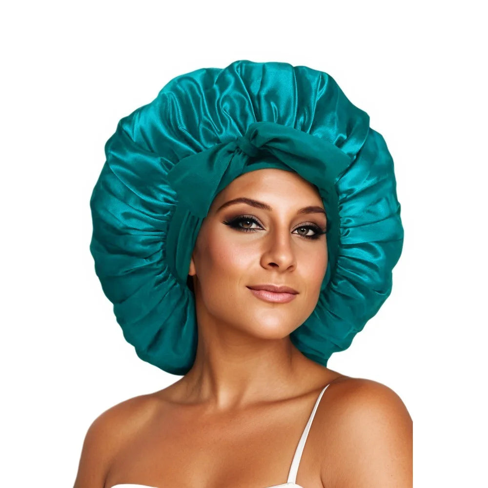 New Satin Sleeping Cap For Women Solid Wide Band Stretch Head Tie Silky Bonnet Edge Wrap Nightcap Hair Care Shower Head Cover