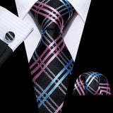 Barry.Wang Plaid Silk Men Tie Handkerchief Cufflinks Set Designer Jacquard Checked Necktie for Male Wedding Team Groomsman Corp