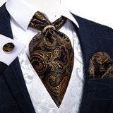 Luxury Silver Paisley Men Ascot Tie Wedding Formal Cravat Ascot Scrunch Self British Neck Tie Set Pocket Square Cufflink DiBanGu