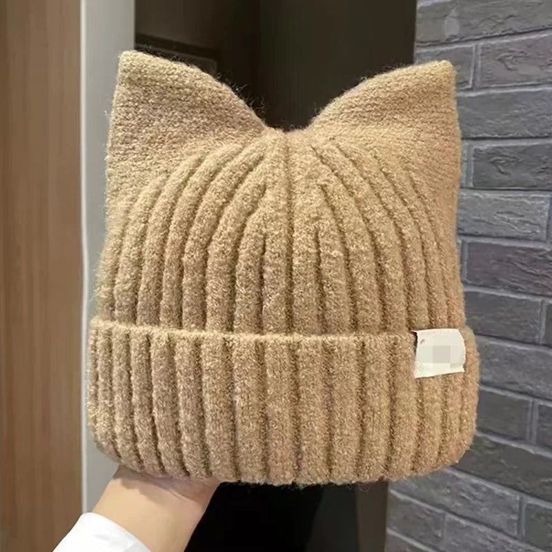 Cute Cat Ears Beanies For Women Autumn And Winter Warm Ear Protection Sweet Versatile Pullover Knitted Hats