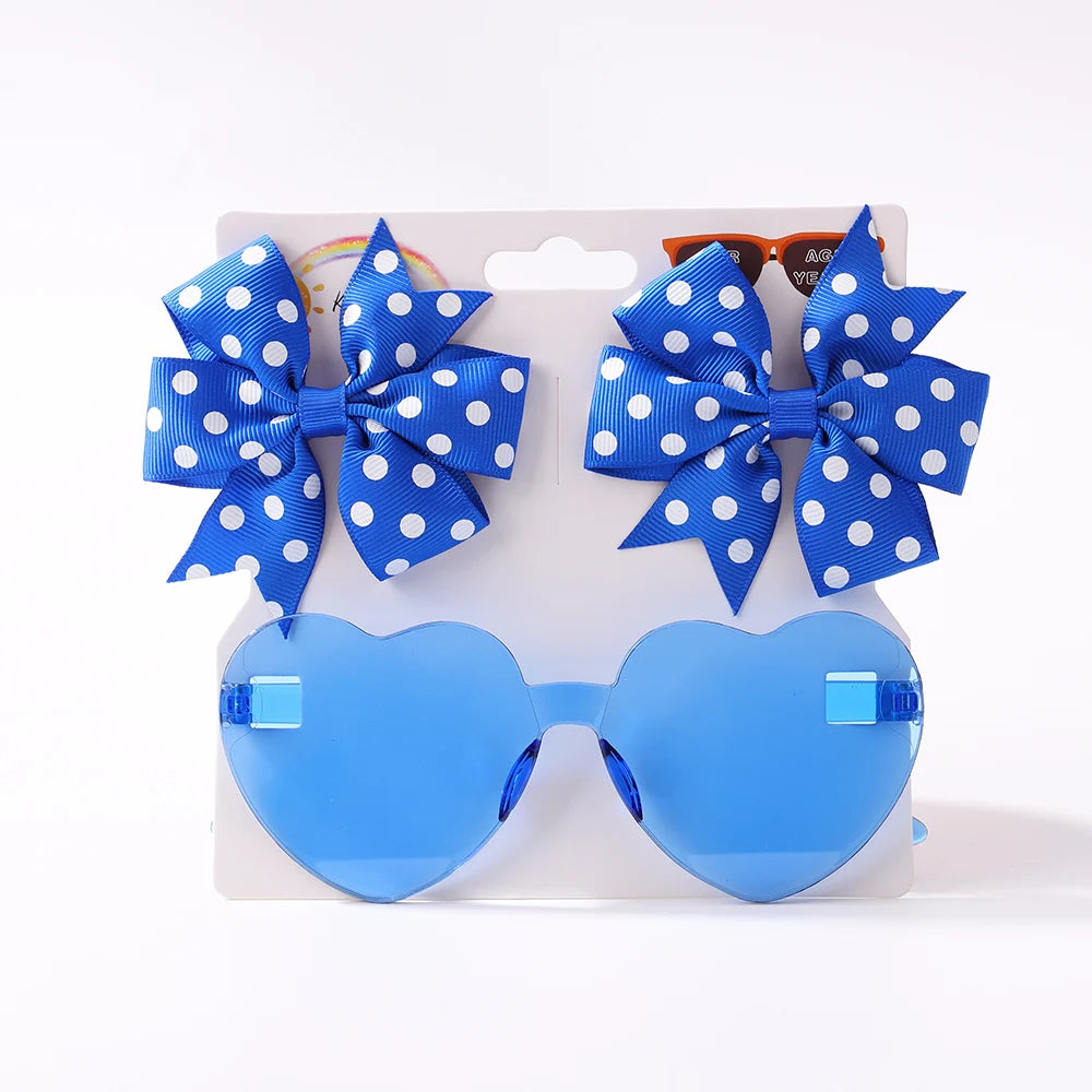 3Pcs/set Cute Solid Kids Dot Hairpin Colorful Heart Sun Glasses Set Girls Boutique Bowknot Hair Clips Children Hair Accessories