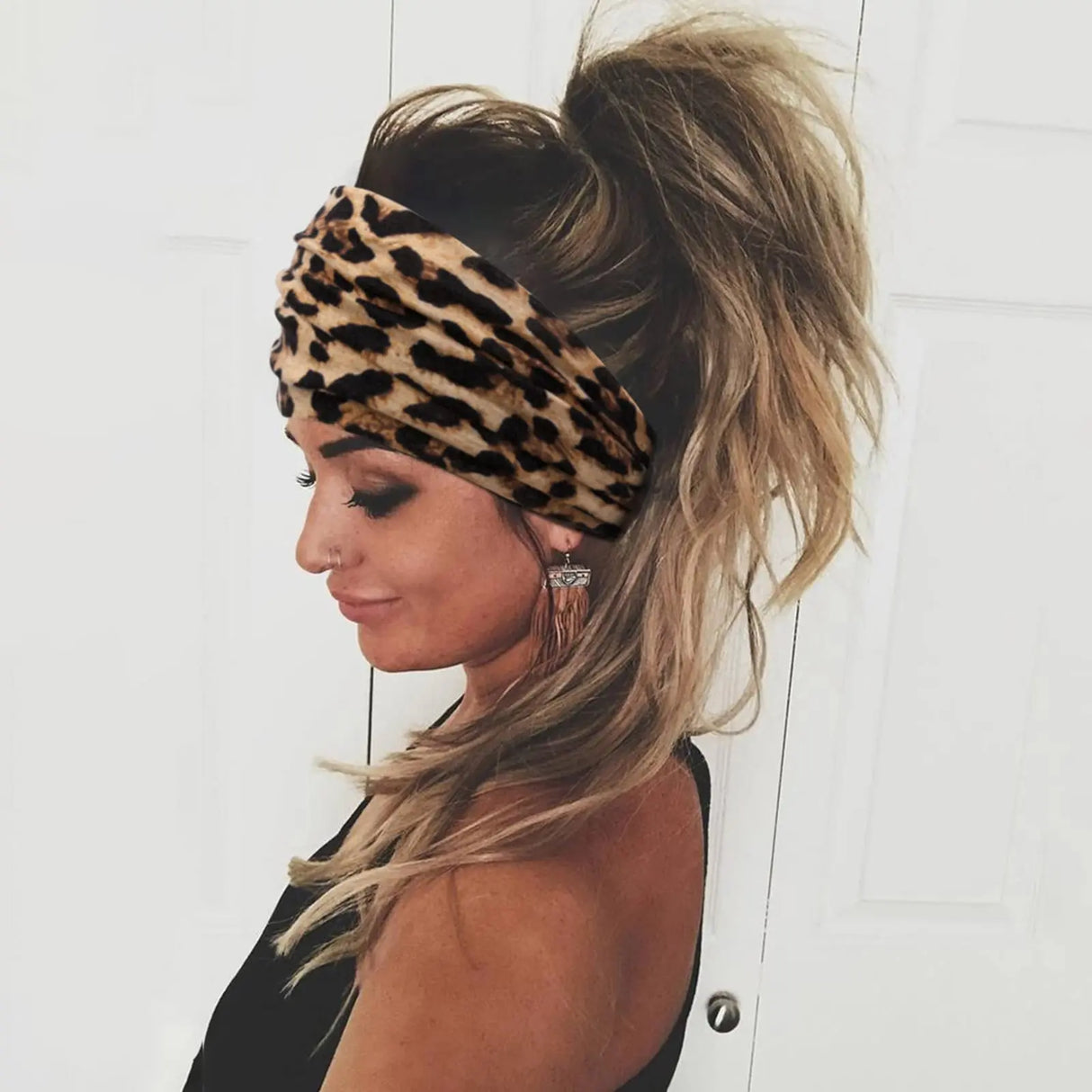Leopard Print Headbands for Women Wide Boho Turban Head Wraps Cotton Knotted Elastic Hairbands Non Slip Workout Hair Accessories