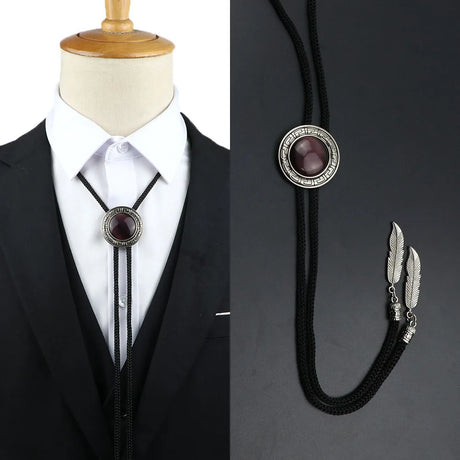 Vintage Bolo Tie Shirt Chain Cowboy Jazz Alloy Men Women Leather Rope Long Necklace Imitation Obsidian Sweater Chain Men Accesso