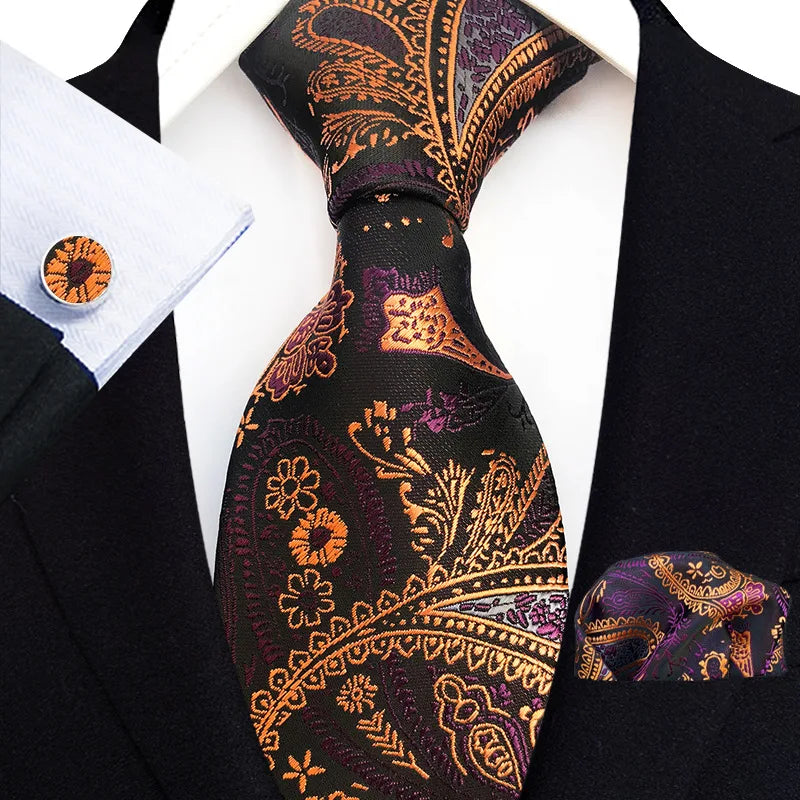 Orange Novelty Ties For Men Plaid Flower Design Silk Wedding Necktie For Men Hanky Cufflinks Gifts Business Party Suit Bow Tie