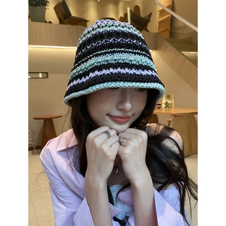 Korean Spring and Summer Thin Handmade Knitted Fisherman Hat Striped Soft Top Bucket All-Match -Proof Travel Sun