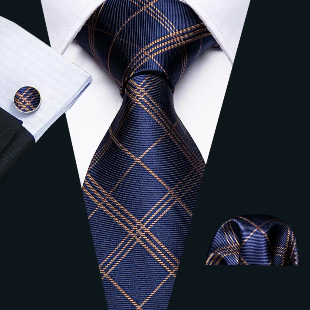 Barry.Wang Plaid Silk Men Tie Handkerchief Cufflinks Set Designer Jacquard Checked Necktie for Male Wedding Team Groomsman Corp