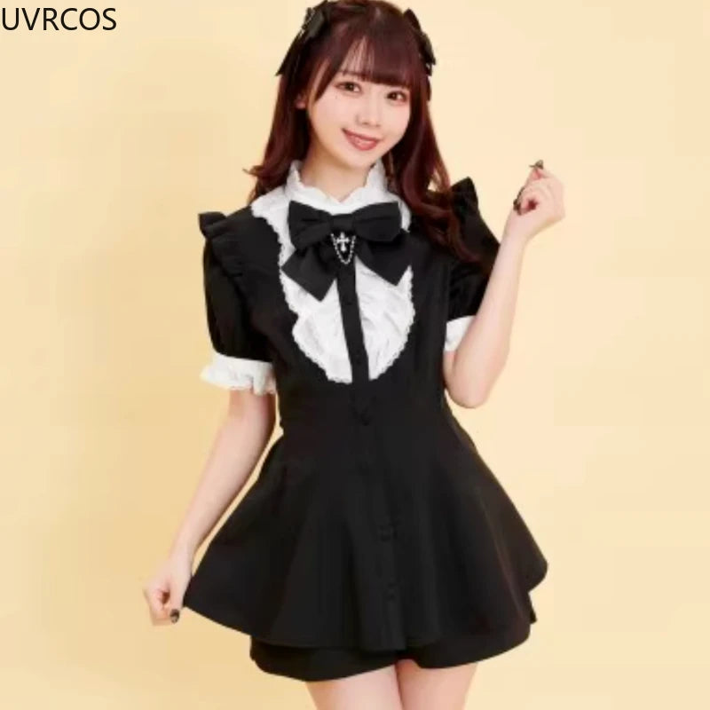 Japanese Style Gothic Y2k Lolita Plaid Rhinestone Bow Dress Shorts Set Sweet Women Puff Short Sleeve Button Shirt Party Dresses