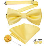 Hi-Tie Luxury Gold Silk Bow Ties for Men Fashion Men's Yellow Bowtie Handkerchief Cufflinks Brooch Set butterfly  Wedding Set