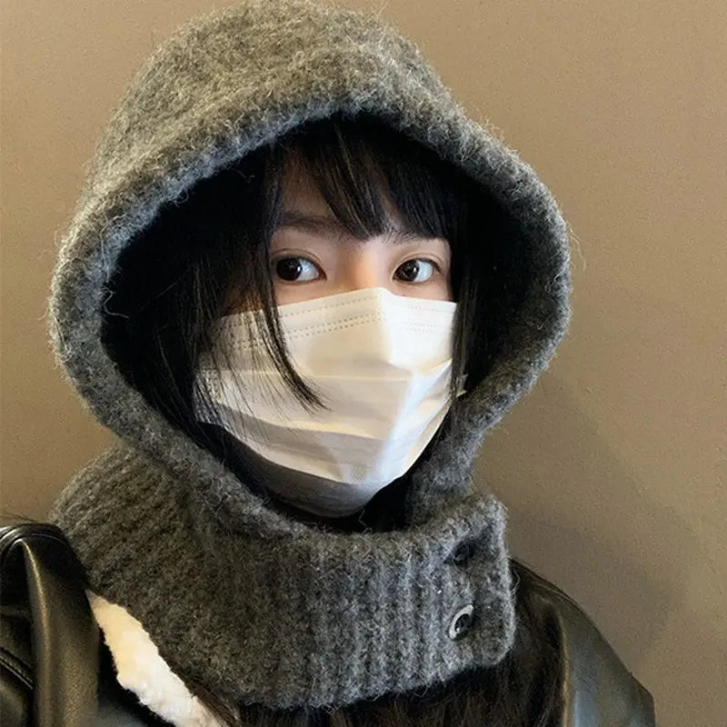 Winter Trendy Balaclava Hats for Men&Women Knitted Hooded Caps Thicken Windproof Drawstring One-Piece Neck Collar Beanies Cap