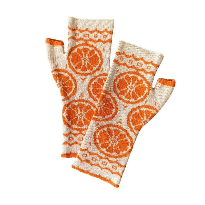 Knitted Gloves Winter Half Finger Mittens Stretchy Touchscreen Orange Pattern Gloves for Kids Teens Christmas Presents M6CD