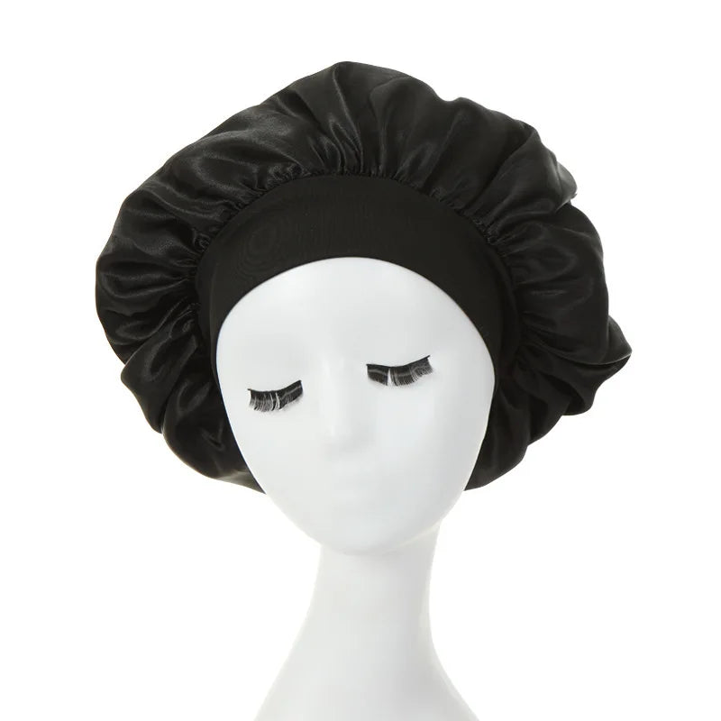 New Women's Satin Solid Wide-brimmed Sleeping Hat Unisex Head Wrap Elastic Band Cap Hair Care Bonnet Night Hat Bonnet De Nuit