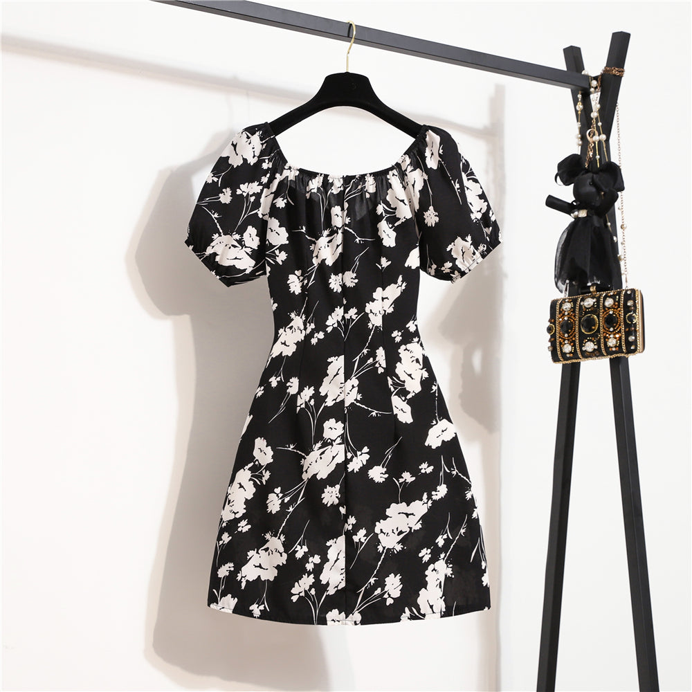 Mini robes d'été pour femmes, mode féminine, imprimé floral, en mousseline de soie, froncée, manches courtes bouffantes, robe décontractée