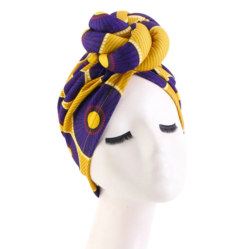 African Print Turban for Women New Fashion Pre-Made Top Knot Head Wraps Flower Stretch Hijab Ladies Party Wedding Headdress