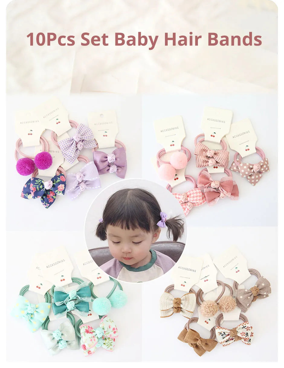 10Pcs Set Baby Hair Bands Cartoon Dot Bows Flower Kids Hair Ropes Kids Rubber Band Baby Girl Hair Accessories