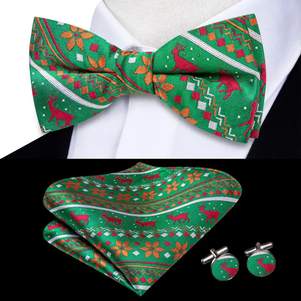 Hi-Tie Christmas Green Bow Ties for Men Silk Butterfly Tie Bow Tie Hanky Cufflinks Set Wedding Party Paisley Plaid Solid Bowtie