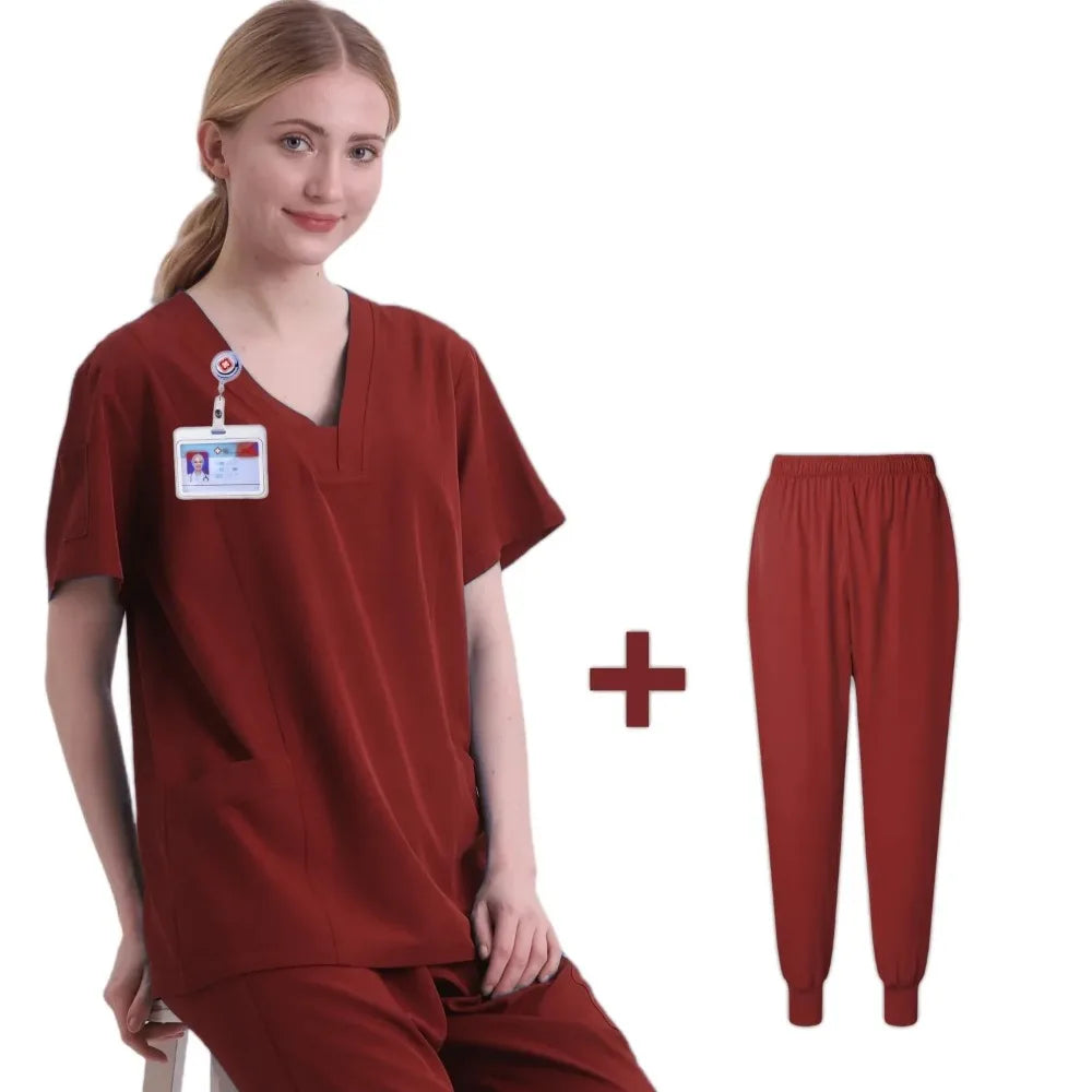 New Scrubs Set Medical Uniforms Stretch Scrub Tops with Pocket Pants Nurse Uniform Doctor Surgery Overalls Beauty Salon Workwear