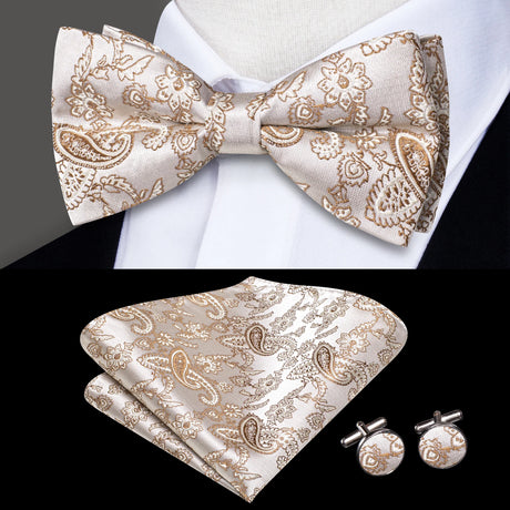 Hi-Tie Brand Silk Pre-tied Men's Bow Tie Hanky Cufflinks Set Bowtie for Male Jacquard Solid Paisley Floral Wedding Business Gift