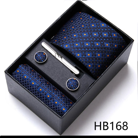 Brand Wholesale Tie Pocket Squares Cufflink Set Necktie Blue Striped Man Wedding Accessories Fit Workplace Holiday Gift Box