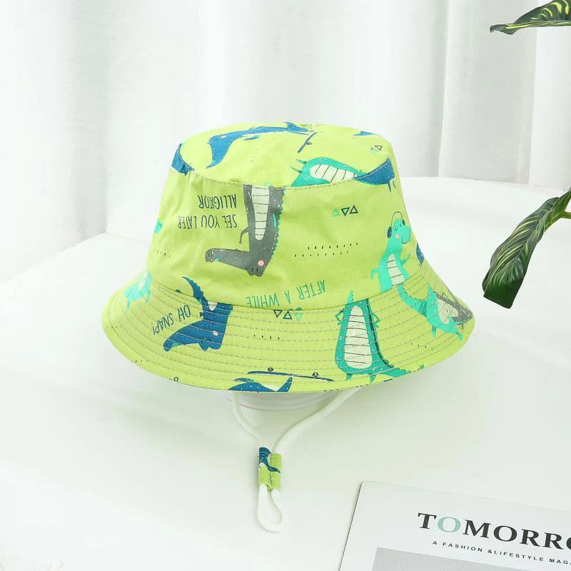 Cartoon Printing Baby Bucket Hat Cotton Breathable Kids Fisherman Hat Infant Toddle Sun Hat With Drawstring