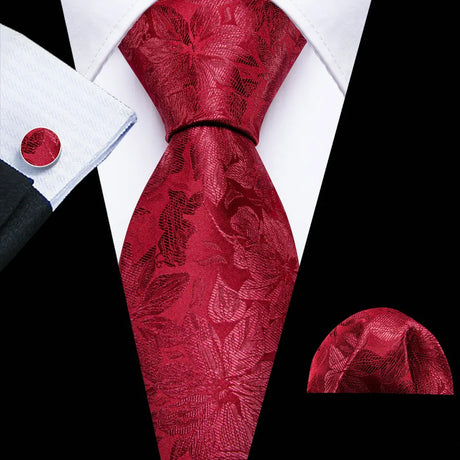 Barry.Wang Red Maroon Burgundy Rose Silk Men's Tie Pocket Square Cufflinks Set Jacquard Necktie for Male Wedding Business Party